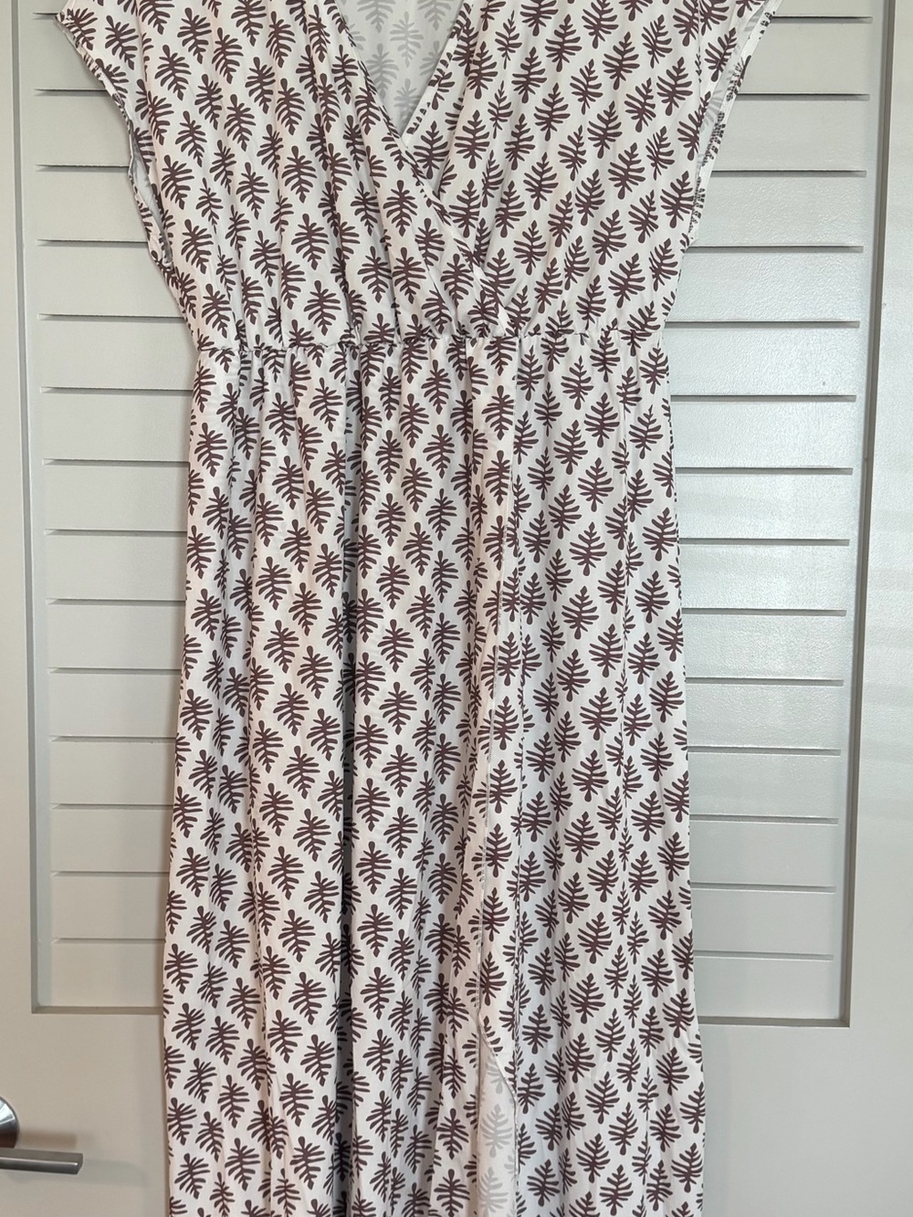 V-Neck Printed Maxi Dress in Cream and Brown
